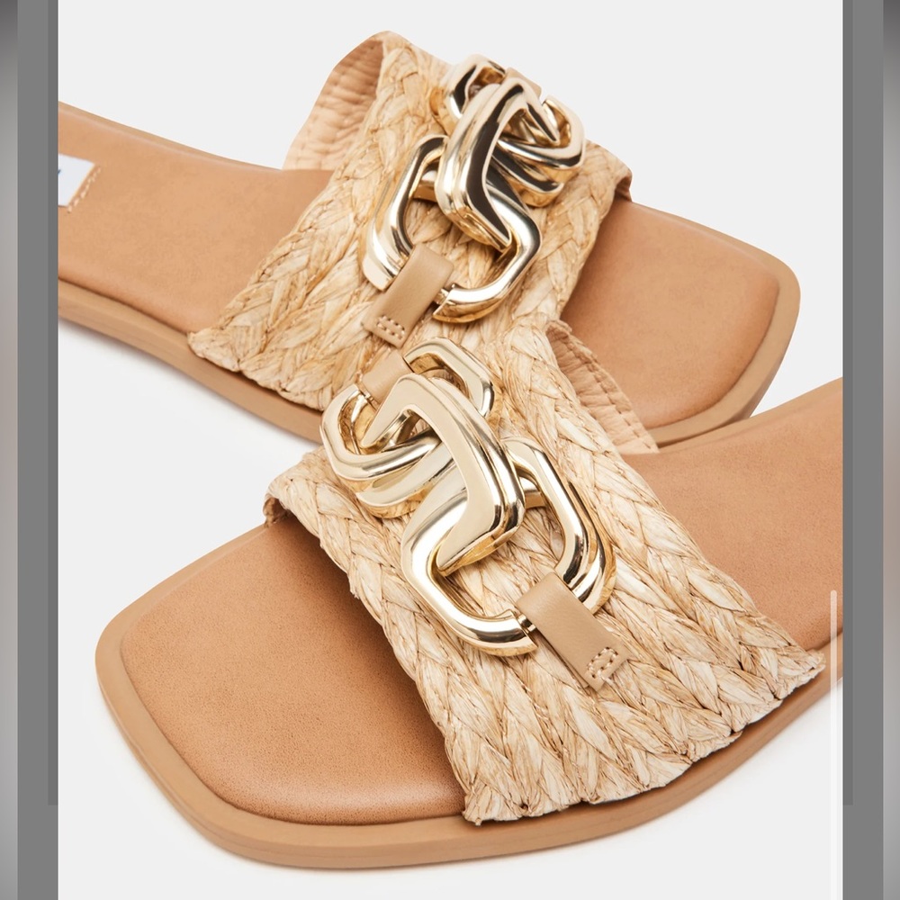 Steve Madden Tan Raffia Slide Sandals with Gold Chain Detail Sz 8 - Picture 11 of 12